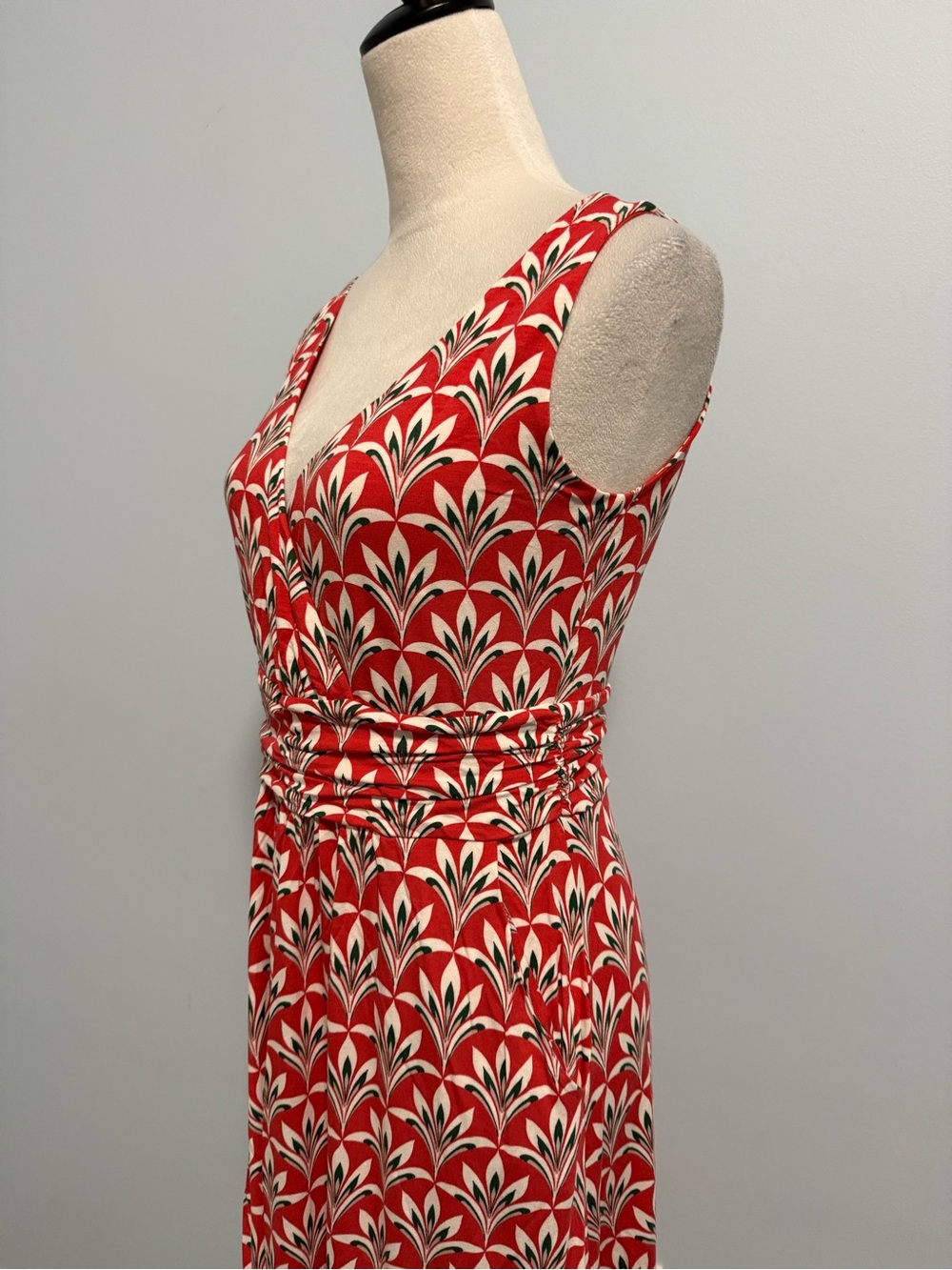 Boden Red White Print Faux Wrap V-Neckline Sleeveless Jersey Dress Size 6R - Picture 4 of 11